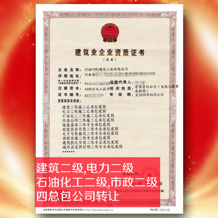 河南建筑二級,電力二級,石油化工二級,市政二級公司轉(zhuǎn)讓出售