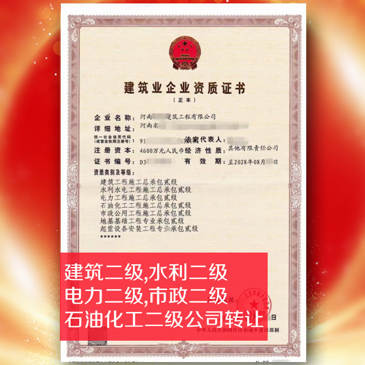河南房建,市政,水利,電力,石油化工二級五總包公司轉(zhuǎn)讓出售